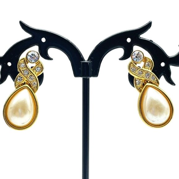 REED Signed Faux Pearl Earrings Clip On Gold Tone Rhinestone X Glam Bling Gift - Picture 1 of 9